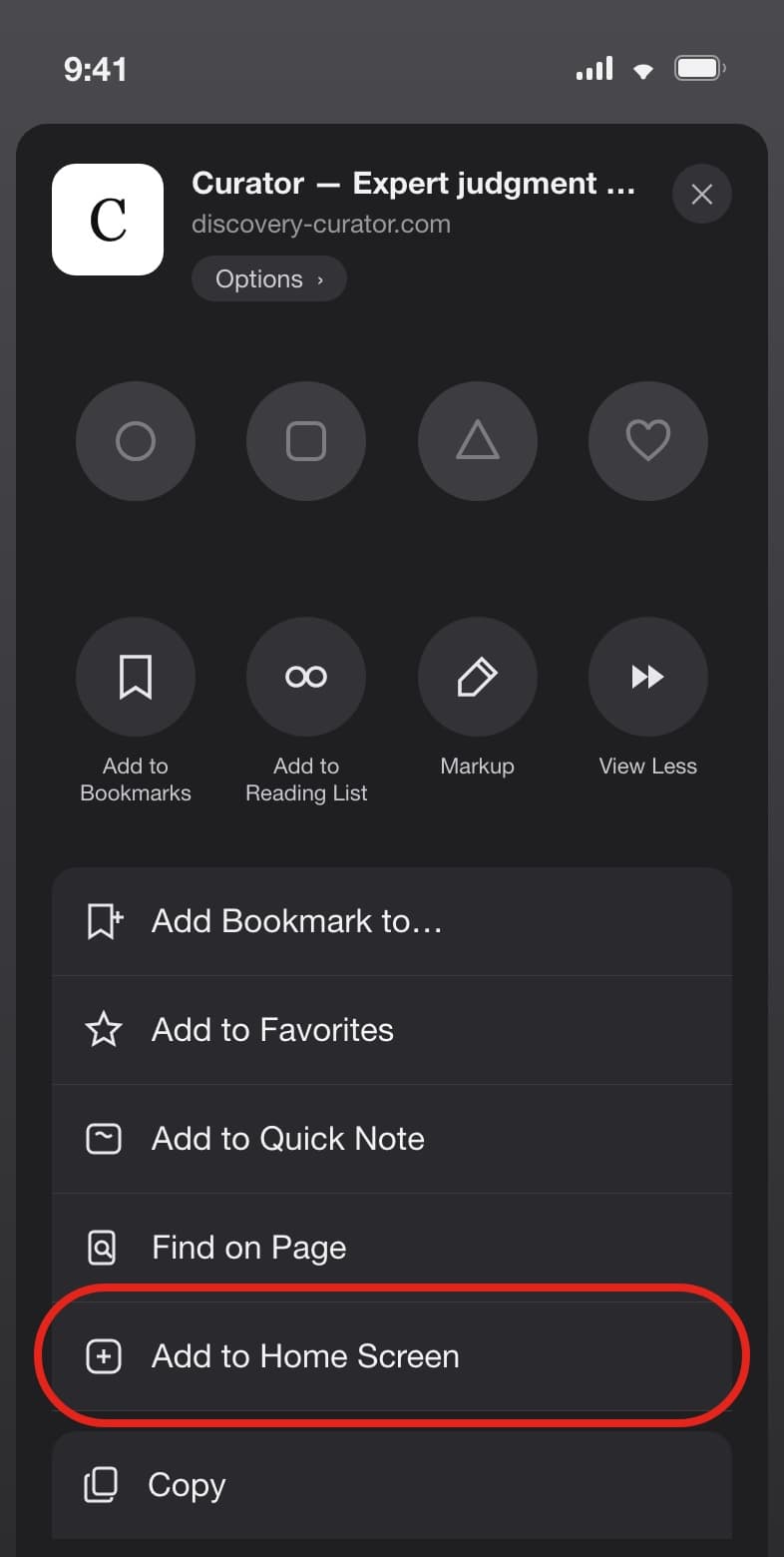 The iOS share sheet open over Curator, scrolled down. The Add to Home Screen row is circled in red near the bottom of the list.