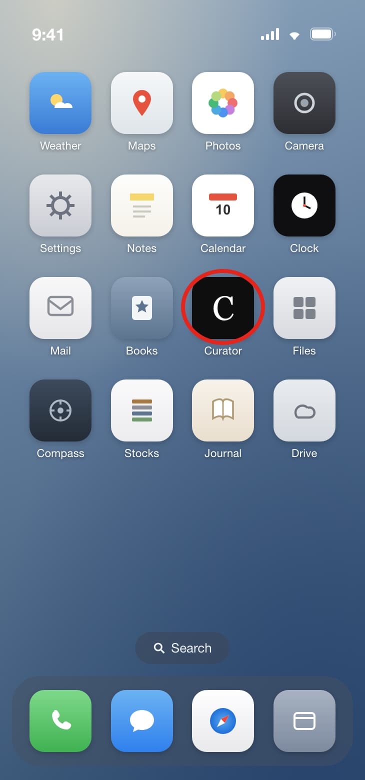 An iPhone home screen. The Curator app icon, a black tile with a white serif C, is circled in red in the third row of apps.